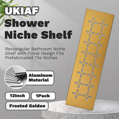 12 Inch Frosted Golden Aluminum Material Shower Niche Shelf Rectangular Bathroom Niche Shelf with Floral Design Fits Prefabricated Tile Niches 1 Pack3