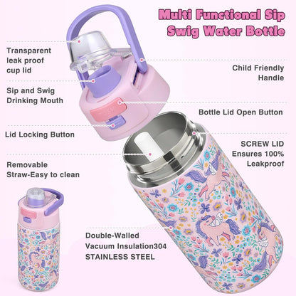 Bento Lunch Box for Kids with 7Oz Soup Thermo,Insulated Stainless Steel Kids Water Bottle with Straw and Insulated Lunch Bag,Leak-Proof Lunch Food Container with Ice Pack for School(Pink-Horse)5
