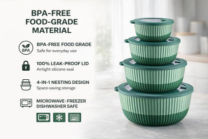 Plastic Mixing Bowls with Lids, 8-Piece Airtight Leak-Proof Nesting Bpa-Free Prep Bowl Set for Kitchen & Food Storage, 500Ml, 1300Ml, 2600Ml & 4200Ml, Microwave & Dishwasher Safe (Green)8