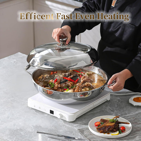 Tri-Ply Stainless Steel Wok Pan with Lid 14Inch, Healthy Non-Toxic Flat Bottom Induction Wok, Stir Fry Pan for Glass Top Stove up to 600℉(Not Including Lid6