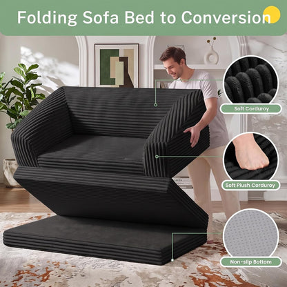 Convertible Sofa Bed, Boneless Loveseat Sleeper Folding Couch Bed with Backrest, 2 in 1 Bean Bag Chair to Floor Sofa Lounger, Comfy Fold Out Couch for Bedroom & Living Room, Black3