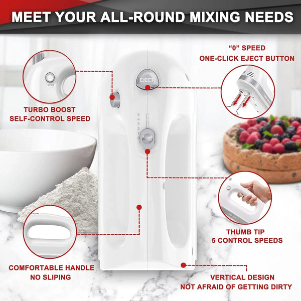 Hand Mixer Electric Handheld 400W 5-Speed Lightweight | Kitchen Mixer with Storage Case, 5 Stainless Steel Attachments for Baking Cake Egg Cream Food Beater, Turbo+Eject Button2