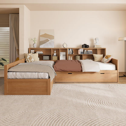 Twin Wooden L-Shaped Daybed with Trundle and Storage Drawer, Natural9