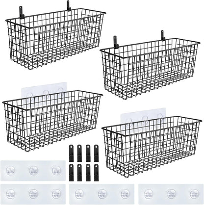4 Set [EXTRA LARGE] Hanging Wall Mount Storage Baskets with Adhesive Hooks & Steel Hooks, Multiuse Sturdy Wire Metal Organizing Baskets for Home Kitchen Bathroom Pantry Utility Organizer, Black1