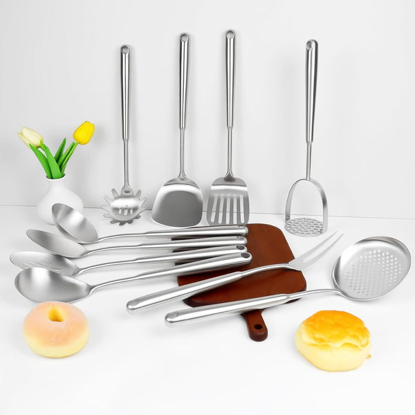 304 Stainless Steel Cooking Utensils Set, 10Pcs Long Metal Kitchen Utensils Set Come with Spoon, Potato Press, Spatula, Ladle, Skimmer, Turner, Pasta Server4
