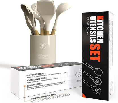Silicone Cooking Utensils Set - 446°F Heat Resistant Silicone Kitchen Utensils for Cooking,Kitchen Utensil Spatula Set W Wooden Handles, BPA FREE Gadgets for Non-Stick Cookware (Khaki)5