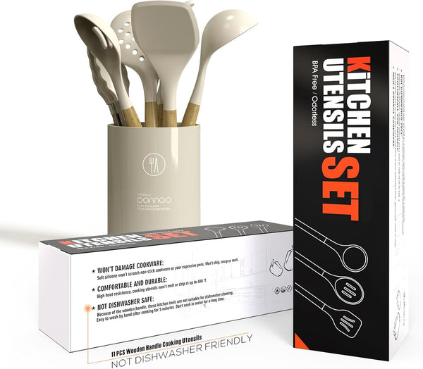 Silicone Cooking Utensils Set - 446°F Heat Resistant Silicone Kitchen Utensils for Cooking,Kitchen Utensil Spatula Set W Wooden Handles, BPA FREE Gadgets for Non-Stick Cookware (Khaki)5