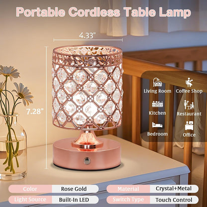 Rose Gold Crystal Rechargeable Cordless Table Lamp, Touch Small Desk Lamp2