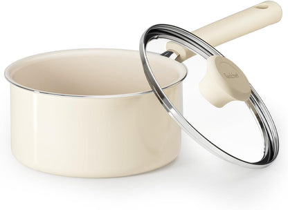 Ceramic Nonstick Saucepan with Lid, 1.5QT Small Cooking Pot, Non Toxic Sauce Pans for Kitchen, Cool Handle PFAS Free Compatible with All Cooktops, White1