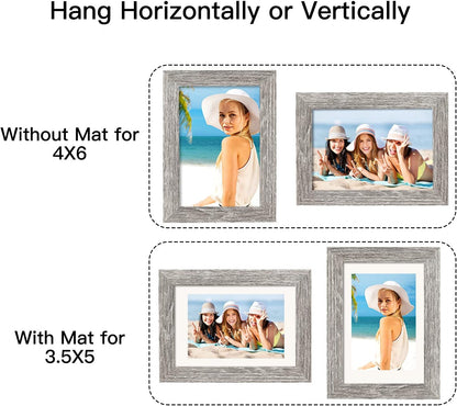4X6 Picture Frame Rustic Grey Wood Pattern Set of 4,Display Photos 3.5X5 with Mat or 4X6 without Mat, Horizontal and Vertical Formats for Wall and Table Mounting2