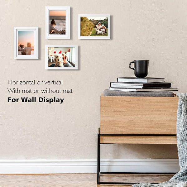 5X7 Picture Frame White Set of 4, Wooden Photo Frames Matted 4X6 with Plexiglass for 4X6 with Mat or 5X7 without Mat for Table and Wall Display5