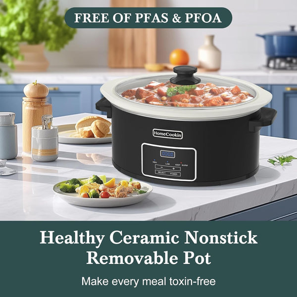 7 Quarts Programmable Slow Cooker with Timer Keep Warm - Small Kitchen Appliance for Family Dinners - Serves 6+ People (Black)2