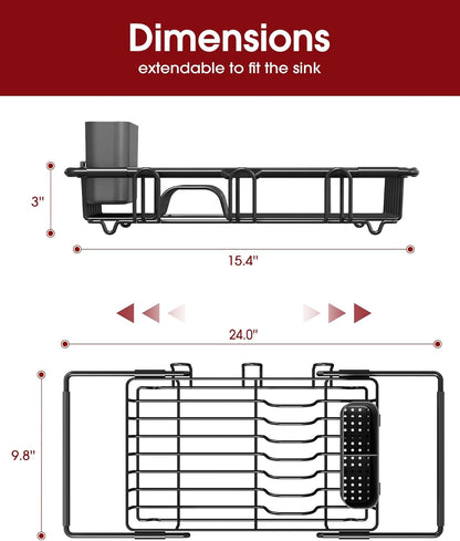 Dish Drying Rack in Sink - Expandable Stainless Steel Dish Rack over the Sink, Kitchen Sink Drain Strainer with Cutlery Holder & Cup Holders, 15.4 X 9.8 X 3.0 Inch, Black6