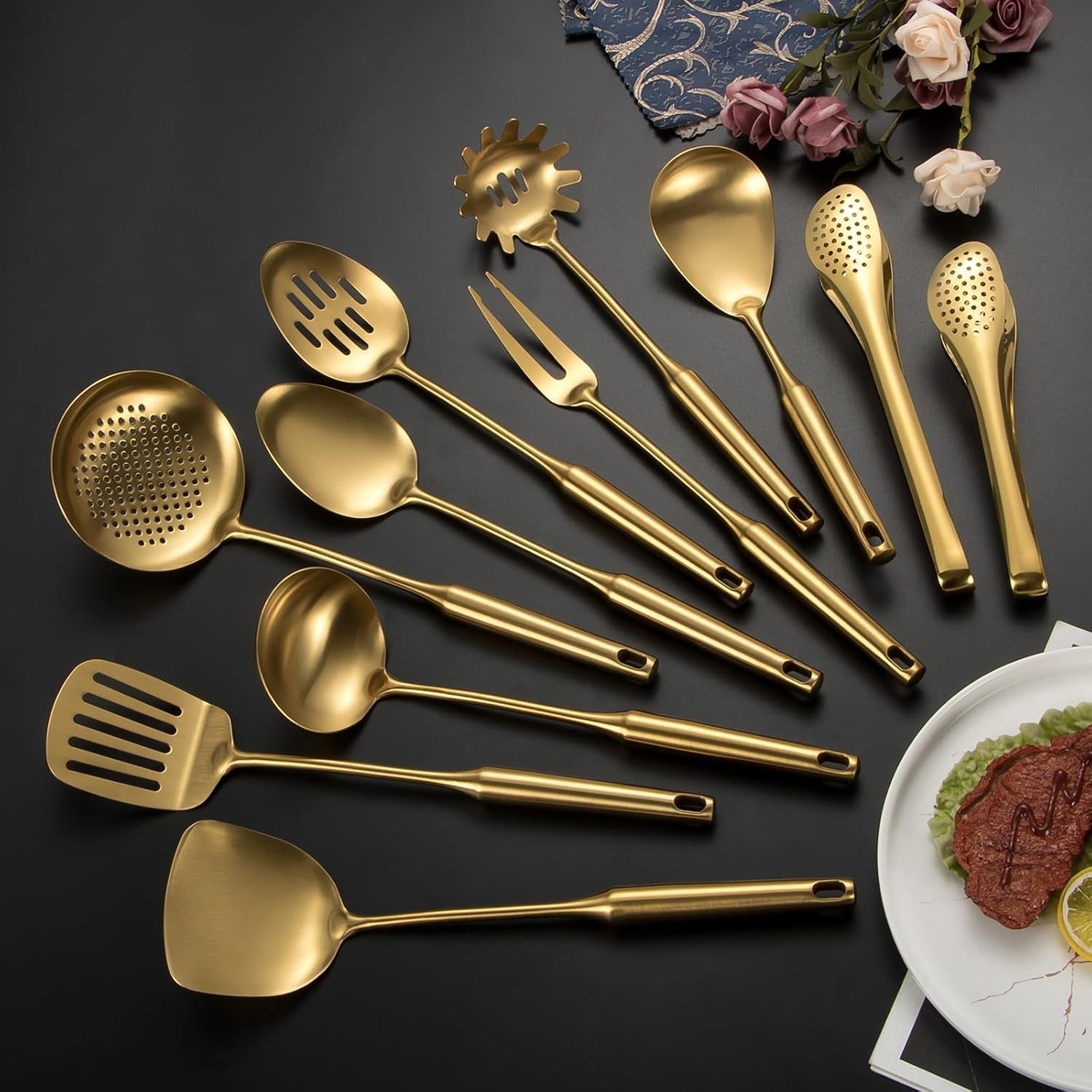 304-stainlss-steel-matte-kitchen-utensils-set-11-pcs-long-metal-cooking-utensil-gadgets-tools-set-with-spatula-spoon-ladle-skimmer-tunner-pasta-server-tongsgold-dishwasher-safe
