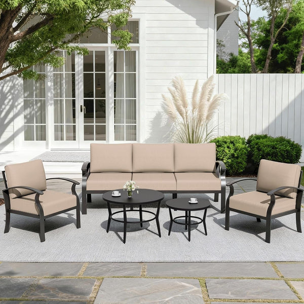 Aluminum Patio Furniture Set with round Coffee Tables, 5-Seat Outdoor Sectional Furniture W/5.1" Cushions, Patio Conversation Set for Porch, Backyard, Poolside-Sand1