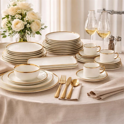 32-Piece Ceramic Dinnerware Set for 6, White Tableware Set with Gold Trim, Dinner Plates, Salad Plates, Bowls, Mugs & Rectangular Serving Platters for Everyday Dining, Home & Housewarming Gift8