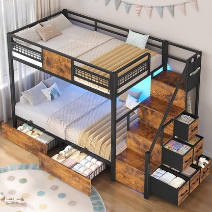 Bunk Bed Twin over Twin with Stairs, Storage Drawers and LED Lights1