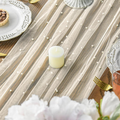 Pearl Beige Gauze Table Runner 120 Inch 10FT, Seasonal Sheer Dining Holiday Wedding Birthday Baby Shower Table Decor for Home Party4