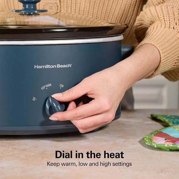 6 Quart Slow Cooker with Space-Saving Folding Handles | 3 Heat Settings | Dishwasher Safe Stoneware Crock & Glass Lid | Kitchen Makeover Blue | 336084