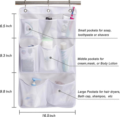 Mesh Shower Organizer Hanging Bathroom Caddy 8 Pockets Hang Curtain Rod with 3 Rings4