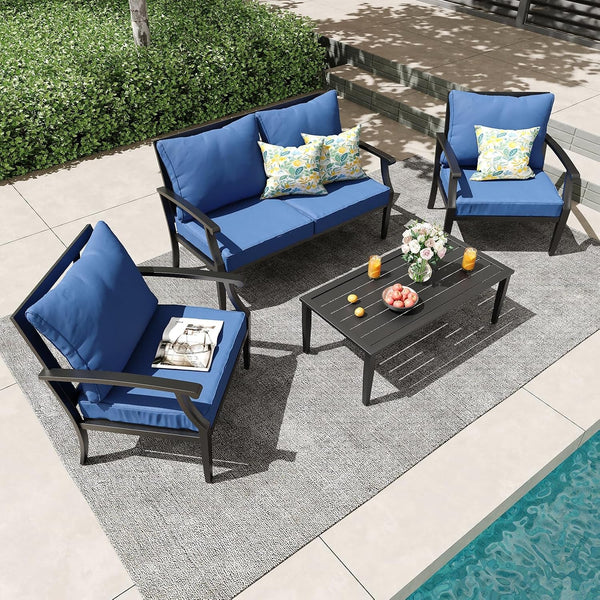 4 Piece Outdoor Patio Furniture Set, Oversized Metal Conversation Set with High Back & Deep Seating, Water-Repellent Cushions, Coffee Table for Porch, Deck, Backyard, Navy1