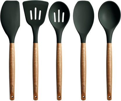 Non-Stick Silicone Cooking Utensils Set with Natural Acacia Hard Wood Handle, 5 Piece, High Heat Resistant (Green)9