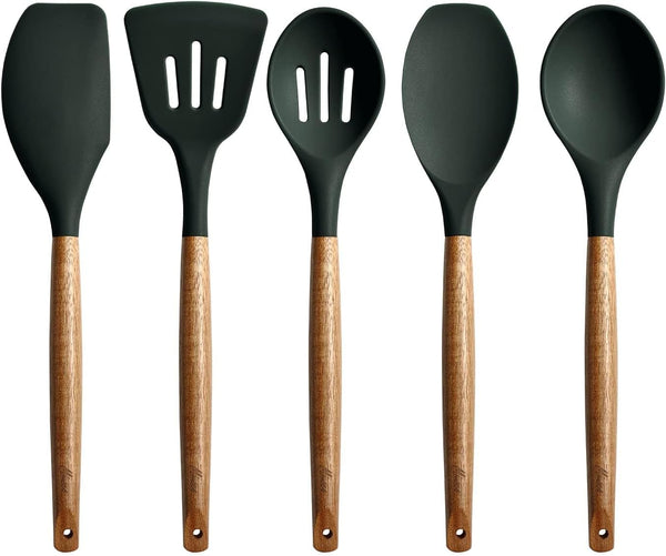 Non-Stick Silicone Cooking Utensils Set with Natural Acacia Hard Wood Handle, 5 Piece, High Heat Resistant (Green)9