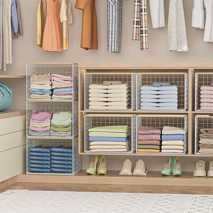 Extra-Long Closet Organizers and Storage with Top Board, 3 Pack Stackable Closet Shelf Organizer, Double Storage Design, Clothes Storage Cube/Bin/Basket for Wardrobe, Space-Saving, White,Sturdy,Metal6