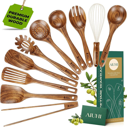 10Pcs Wooden Kitchen Utensils, Teak Wood Utensil Set for Kitchen, Heat-Resistant Wooden Spoons for Cooking, Nonstick Wood Spatula Soup Ladle Tong Egg Whisk1