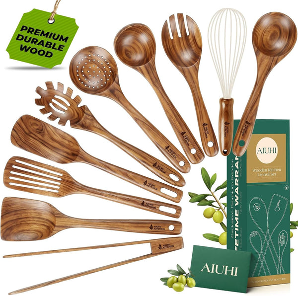 10Pcs Wooden Kitchen Utensils, Teak Wood Utensil Set for Kitchen, Heat-Resistant Wooden Spoons for Cooking, Nonstick Wood Spatula Soup Ladle Tong Egg Whisk1