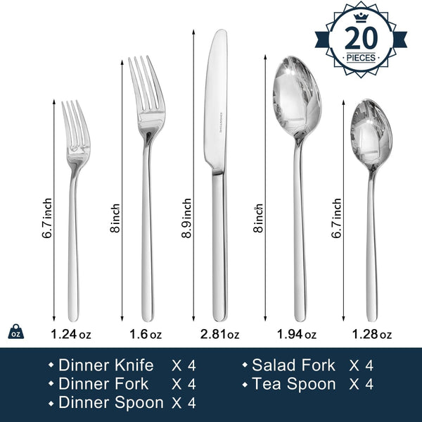 Silverware Set, 20 Piece Flatware Cutlery Set for 4, 18/10 Stainless Steel Silverware Mirror Polished Dishwasher Safe for Home, Restaurant, Wedding, Party(Silver, 20 Pieces for 4)4