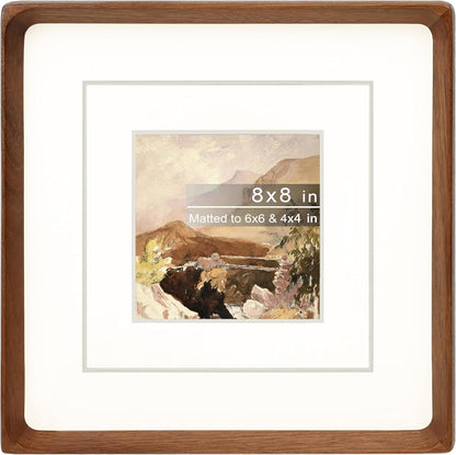 Square 8X8 Picture Frame with Mat for 4X4/6X6, Natural Walnut Wood Handcrafted Rounded Corner with Real Glass, Vertical or Horizontal Display Photo Gallery Wall & Tabletop Frame1