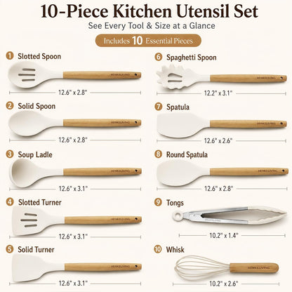 Silicone 10 Pcs Kitchen Cooking Utensils Set, Recycled Materials Certification, BPA Free Spatula Set with Heat Resistant Wood Handles for Nonstick Cookware, Cream White2