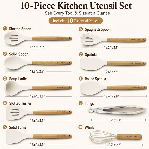 Silicone 10 Pcs Kitchen Cooking Utensils Set, Recycled Materials Certification, BPA Free Spatula Set with Heat Resistant Wood Handles for Nonstick Cookware, Cream White2