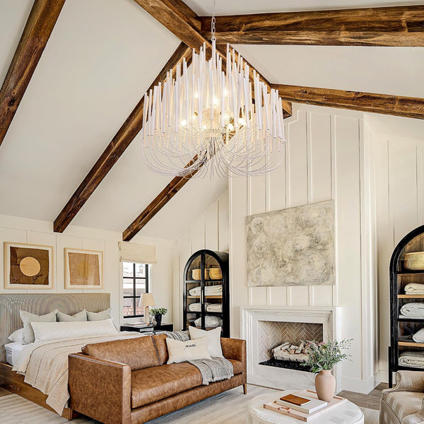 Modern Farmhouse Chandelier for Dining Room 36", Large Vintage White Wood Chandeliers Light for Living Room, Rustic Pendant Lighting Fixture Ceiling Hanging for Foyer Bedroom Entryway2