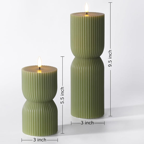 Olive Green Ribbed Flameless Pillar Candles with Remote Set of 22