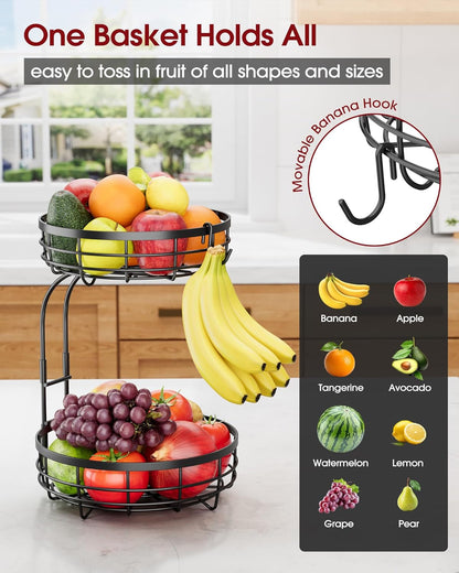 Fruit Basket for Kitchen Counter - 2-Tier Large Capacity Fruit Bowl with Detachable Banana Hanger, Rust-Proof Metal Fruit Holder for Vegetables, Bread, Toiletry,10" D X 10" W X 14" H, Black3