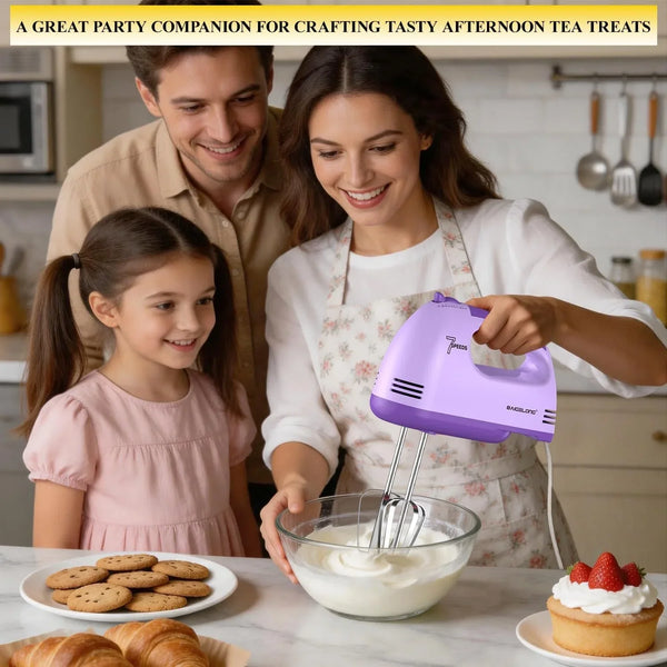 Hand Mixer. 7-Speed Adjustable Kitchen Electric Mixer. with 5 Stainless Steel Attachments: 2 Hooks, 2 Beaters, 1 Whisk. Comes 1 Storage Box. Perfect for Bakers and New Starters. Purple6