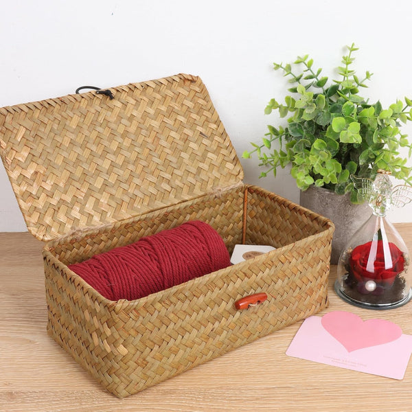 Wicker Shelf Baskets with Lid,Handwoven Seagrass Basket for Storage Basket Bins Rectangular Home Organizer Gift Boxes (Natural Small)3