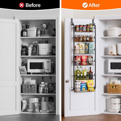 over the Door Pantry Organizer, 6-Tier Metal Pantry Door Organization and Storage, Hanging Kitchen Basket Spice Rack Seasoning Shelves, Cabinet Door Organizer for Easy Install,D5Xw18Xh50Inch5