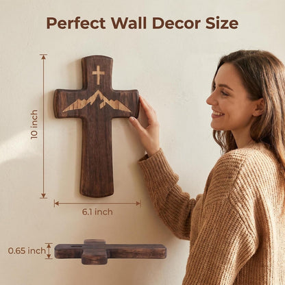 10" Wooden Cross for Wall– Mountain Engraved Christian Wall Decor | Rustic Religious Faith Wall Cross Decor, Handcraft Christian Wall Hanging Cross–Spiritual Gift for Christmas,Easter,Baptism3
