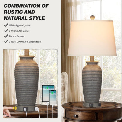 25" Farmhouse Jar Table Lamps Set of 2, 3 Way Touch Control Rustic Bedside Lamps with USB A+C Ports & AC Outlet, Pot Nightstand Lamps for Bedroom Living Room (LED Bulbs Included)4