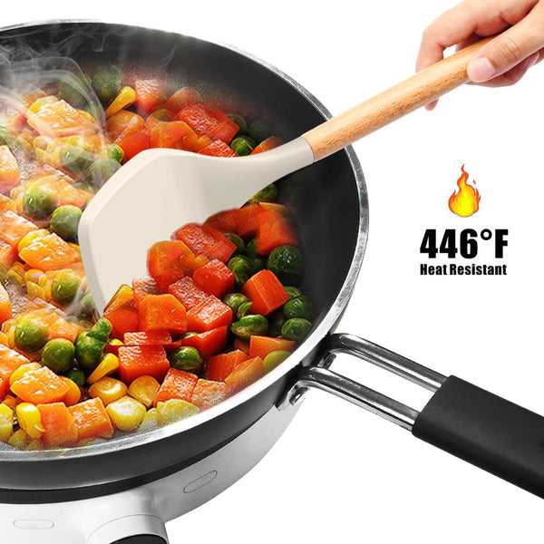 Silicone Cooking Utensils Set - 446°F Heat Resistant Silicone Kitchen Utensils for Cooking,Kitchen Utensil Spatula Set W Wooden Handles, BPA FREE Gadgets for Non-Stick Cookware (Khaki)7