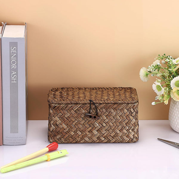 Handwoven Wicker Basket with Lid Small Desktop Seagrass Organizer2