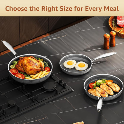 Hybrid 8-10-12 Inch Nonstick Frying Pan Set | PFOA Free | Stainless Steel Skillet | Non-Toxic | Stay-Cool Detachable Handle | Dishwasher and Oven Safe | Induction Ready4