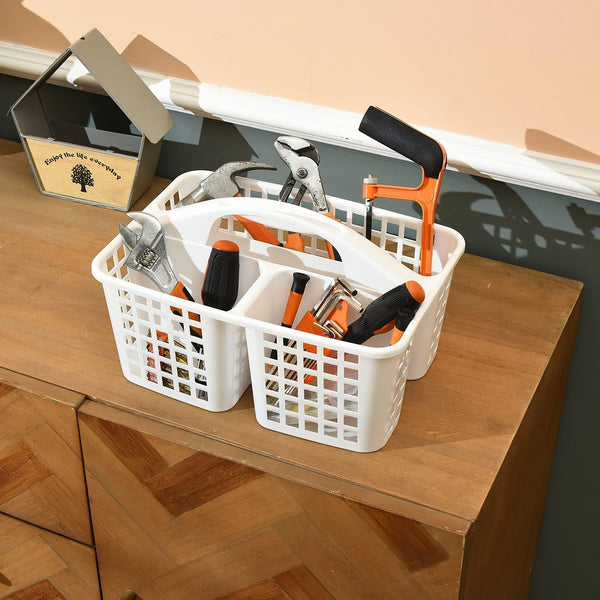 Plastic Shower Caddy Basket with Compartments, Portable Divided Cleaning Supply Storage Organizer with Handle for College Dorm Bathroom - White5