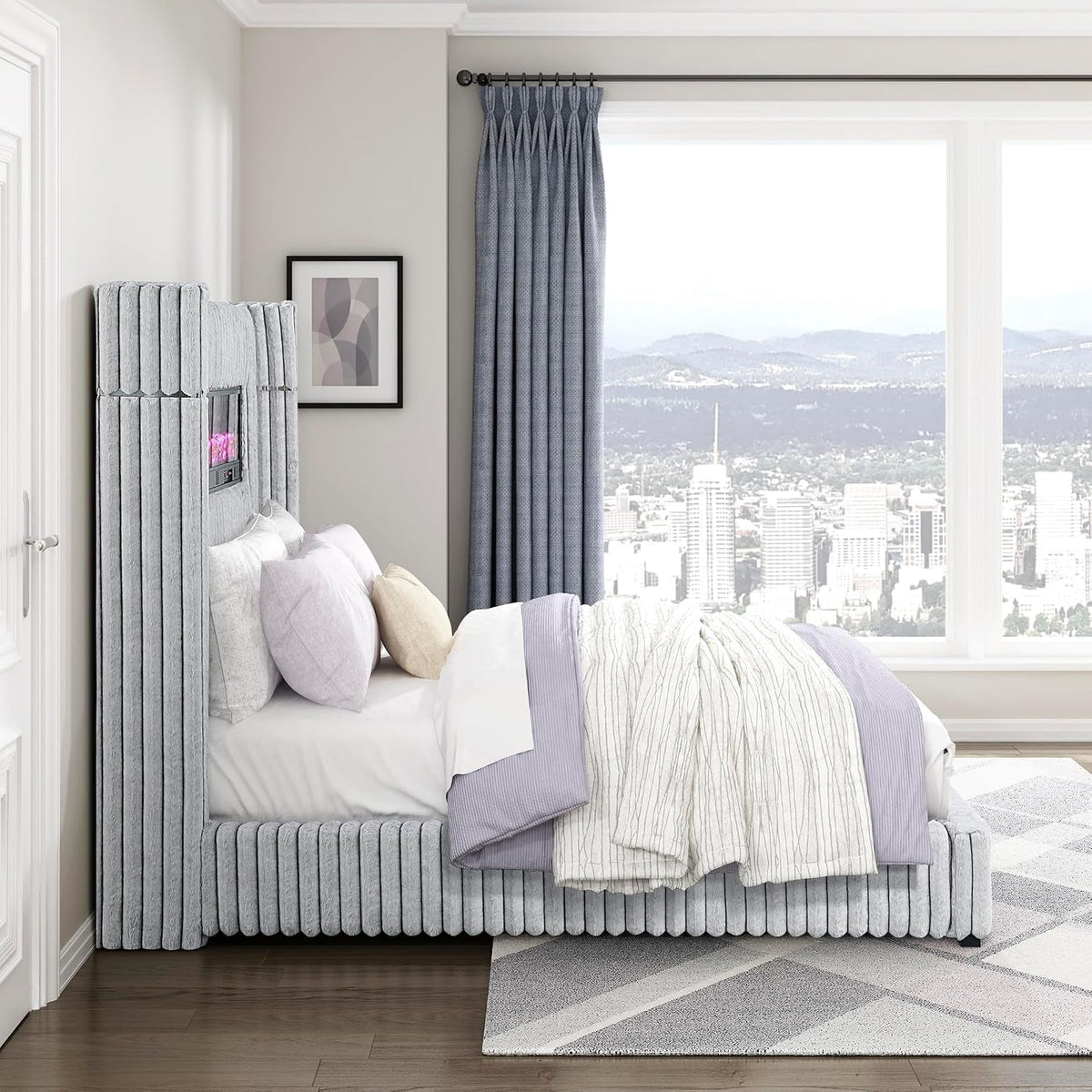 corduroy-upholstered-bed-frame-remote-fireplace-built-in-speaker-wingback-queen-bed-frame-with-headboard-wooden-slats-box-spring-needed-assembly-required-two-tone-gray