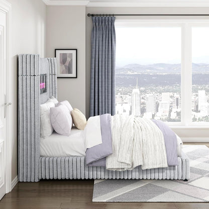 Corduroy Upholstered Bed Frame, Remote Fireplace, Built-In Speaker, Wingback Queen Bed Frame with Headboard, Wooden Slats, Box Spring Needed, Assembly Required, Two-Tone Gray6