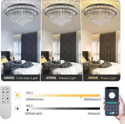 24" Flush Mount Crystal Chandeliers with Remote and App,Black Ceiling Light3