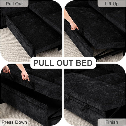 85 Inch Modular Sectional Sleeper Sofa with Pull Out Bed,L Shaped 5 Seat Sectional Couch with Storage, Modern Chenille Cloud Couch, Convertible Sectional Couches for Living Room, Apartment, Black5